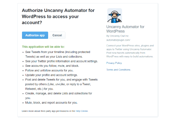 Authorize Uncanny Automator to access Twitter account Authorize Uncanny Automator to access Twitter account
